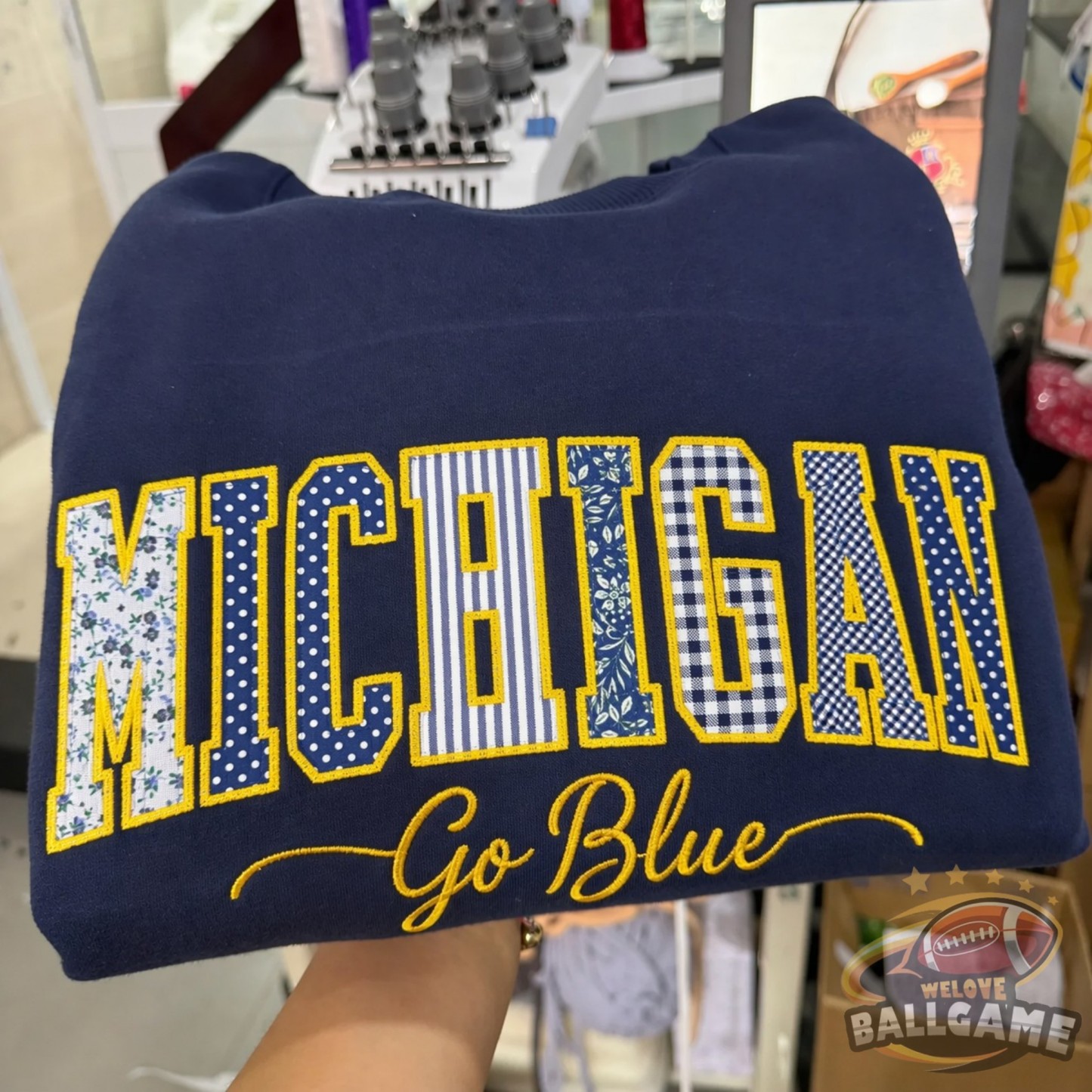 Custom Michigan Patchwork Fabric Embroidered Sweatshirt Team and School Name Applique Varsity Letters