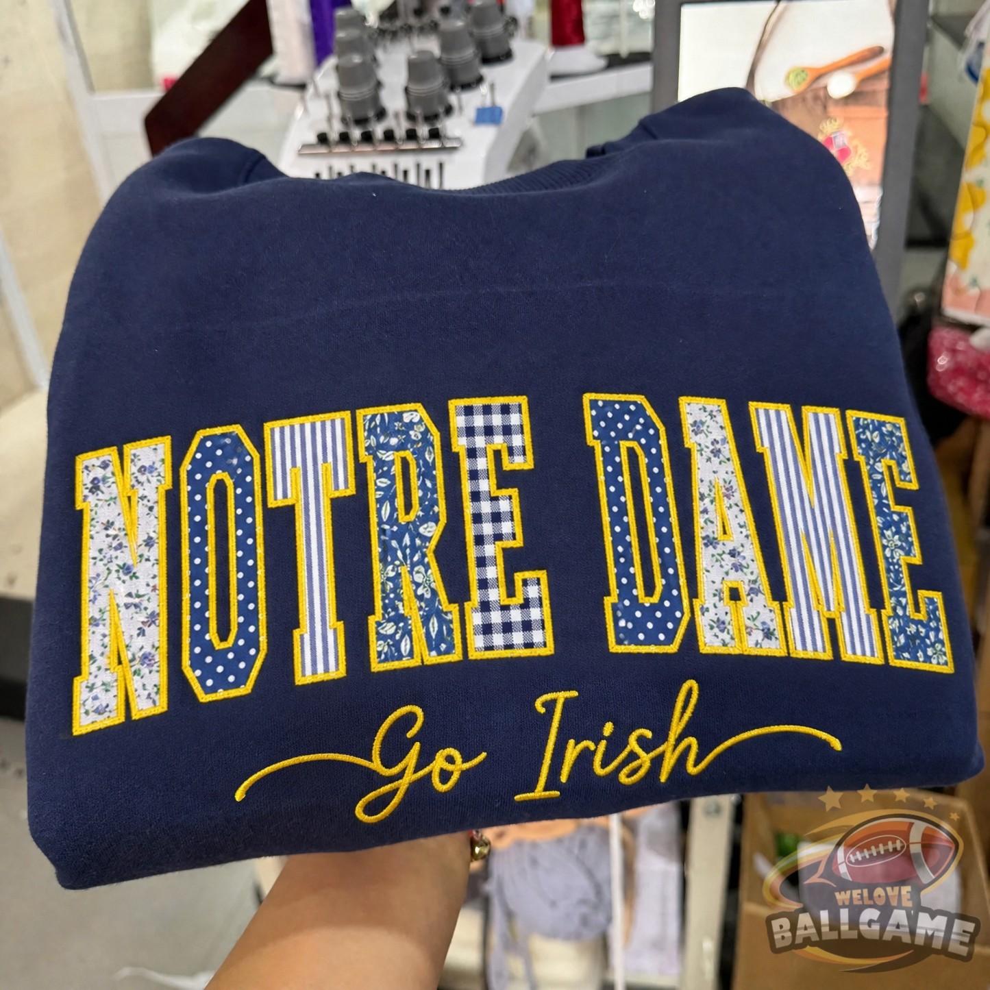 Custom Notre Dame Patchwork Fabric Embroidered Sweatshirt Team and School Name Applique Varsity Letters