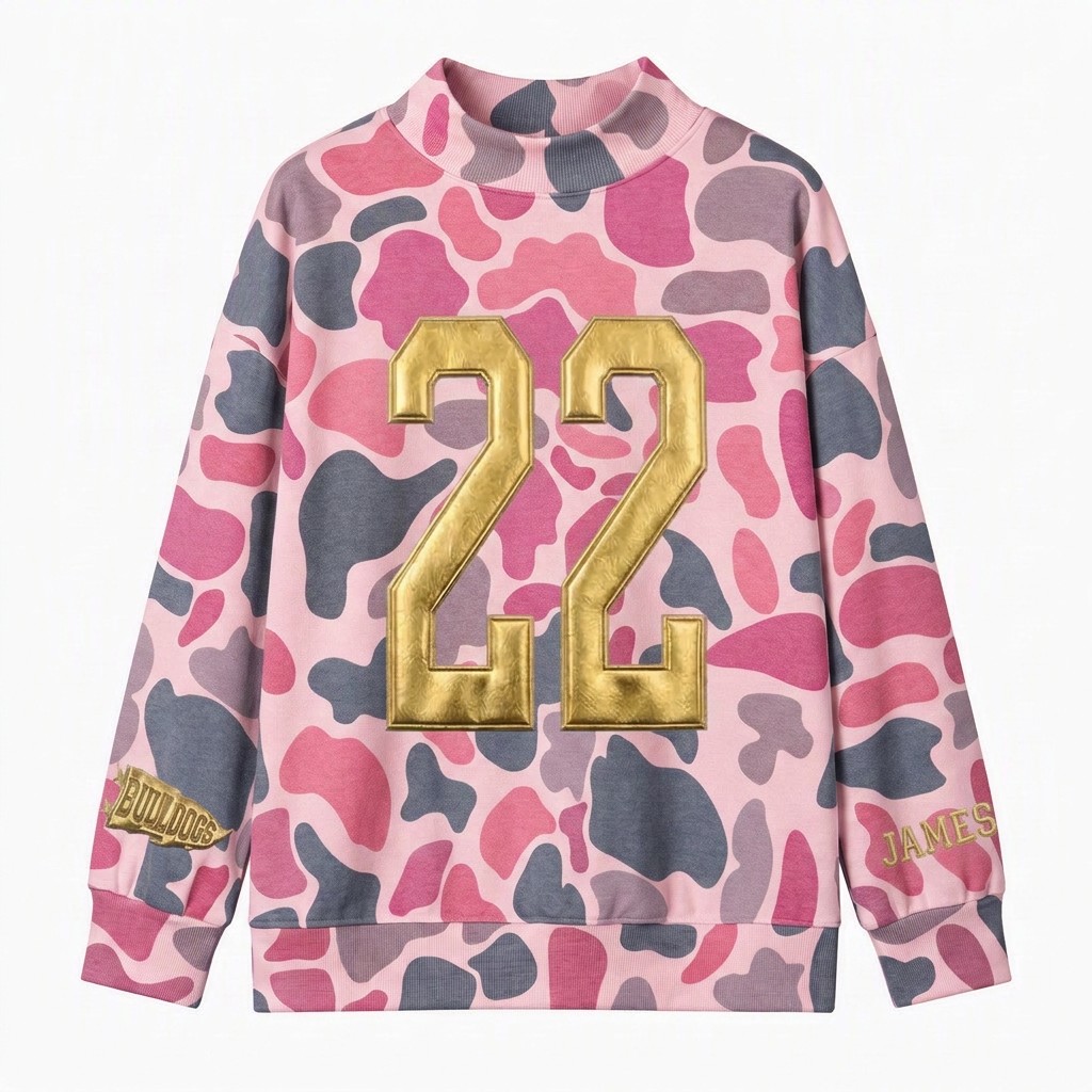 Custom Metallic Puff Number Camo Mock Neck Sweatshirt, Game Day Wear