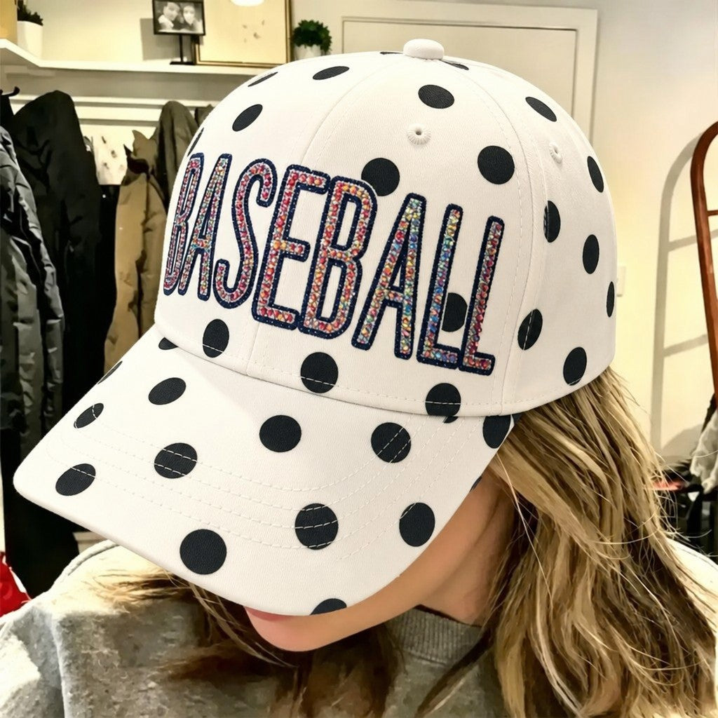 Custom Polka Dot Rhinestone Baseball Cap, Sparkly Glitter Sport Hat, Game Day Wear
