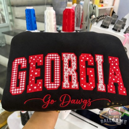 Custom Georgia Patchwork Fabric Embroidered Sweatshirt Team and School Name Applique Varsity Letters