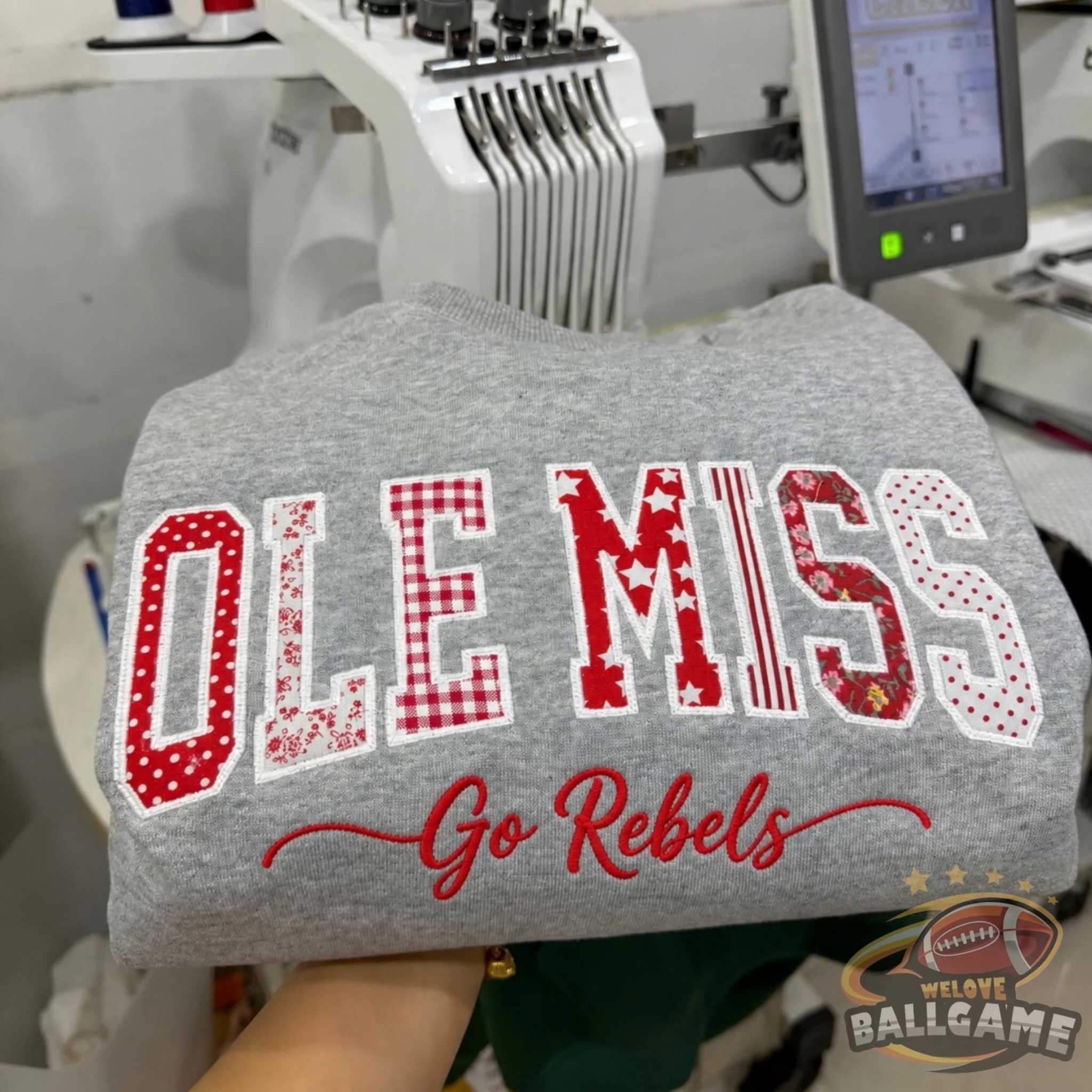 Custom Ole Miss Patchwork Fabric Embroidered Sweatshirt Team and School Name Applique Varsity Letters