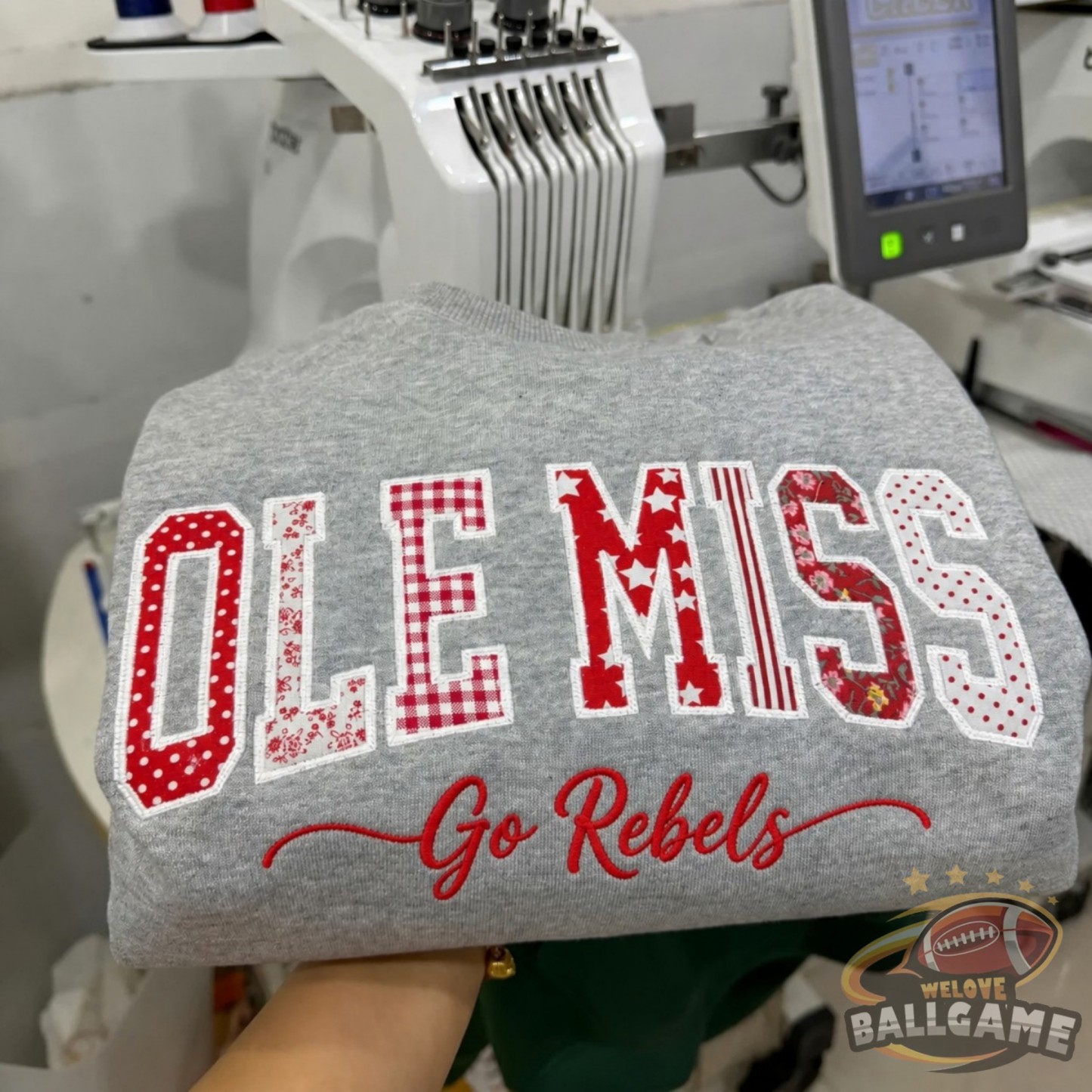 Custom Ole Miss Patchwork Fabric Embroidered Sweatshirt Team and School Name Applique Varsity Letters