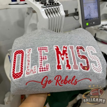 Custom Ole Miss Patchwork Fabric Embroidered Sweatshirt Team and School Name Applique Varsity Letters