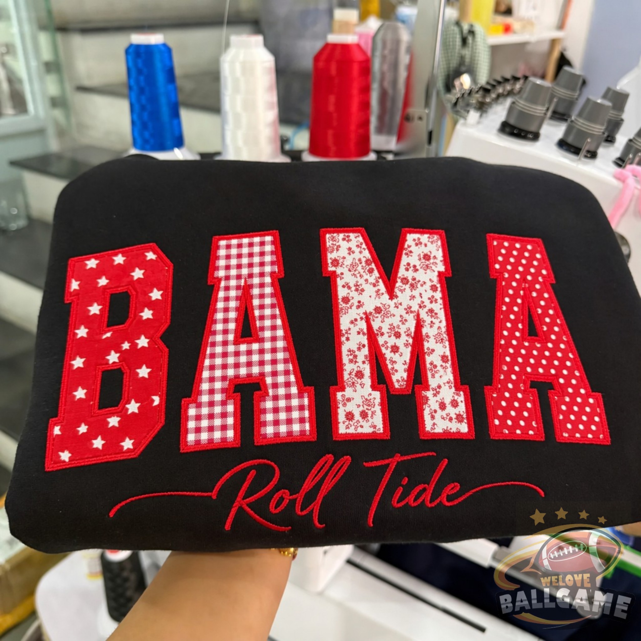Custom Alabama Patchwork Fabric Embroidered Sweatshirt Team and School Name Applique Varsity Letters