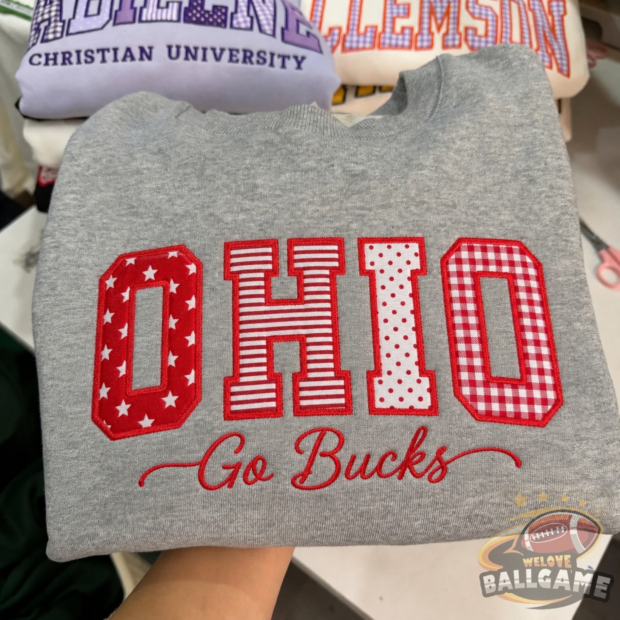 Custom Ohio Patchwork Fabric Embroidered Sweatshirt Team and School Name Applique Varsity Letters