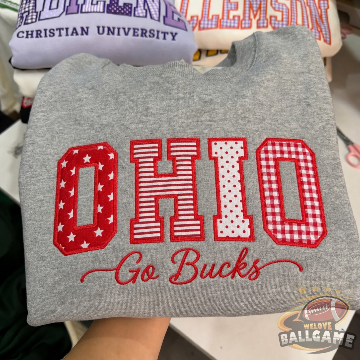 Custom Ohio Patchwork Fabric Embroidered Sweatshirt Team and School Name Applique Varsity Letters
