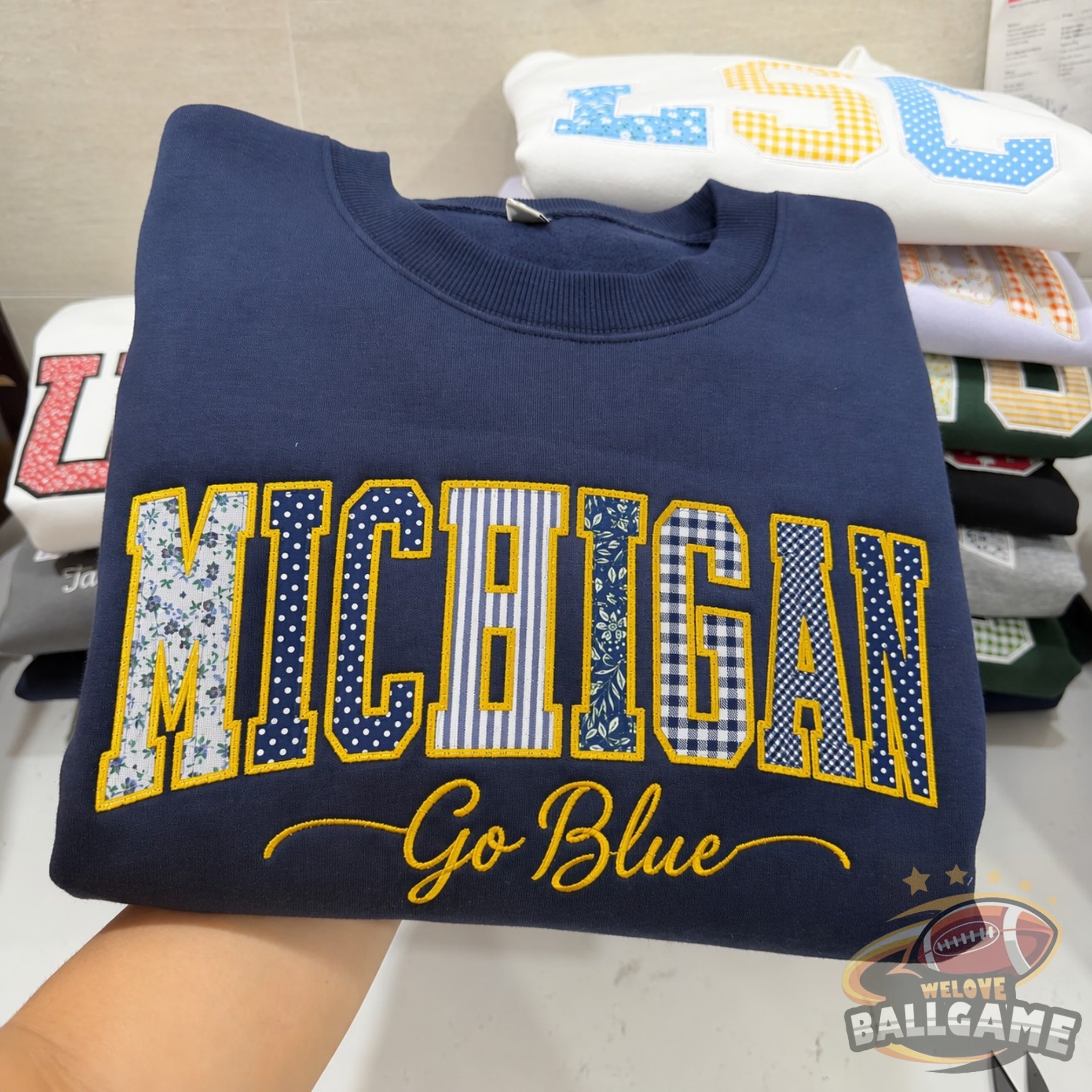 Custom Michigan Patchwork Fabric Embroidered Sweatshirt Team and School Name Applique Varsity Letters