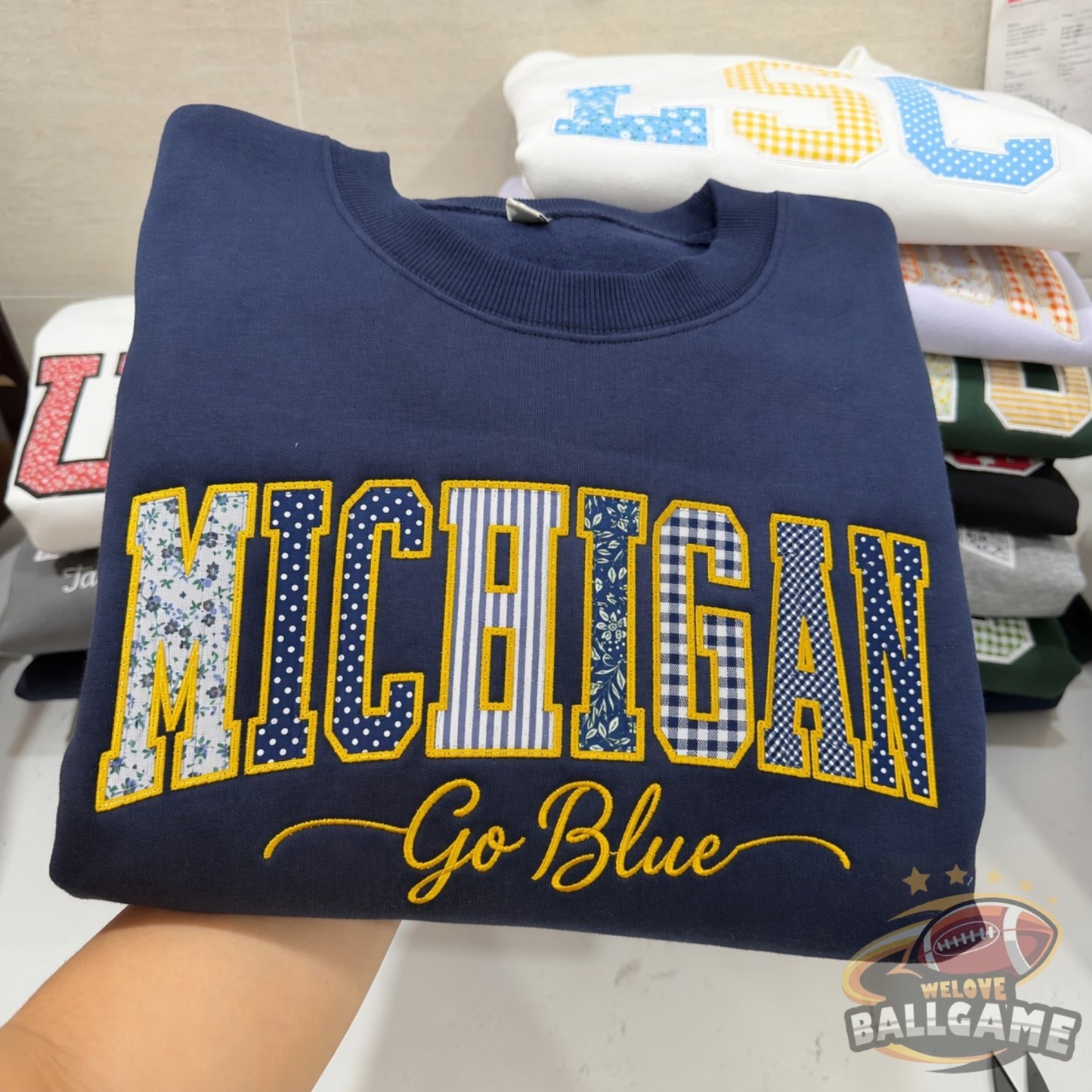 Custom Michigan Patchwork Fabric Embroidered Sweatshirt Team and School Name Applique Varsity Letters