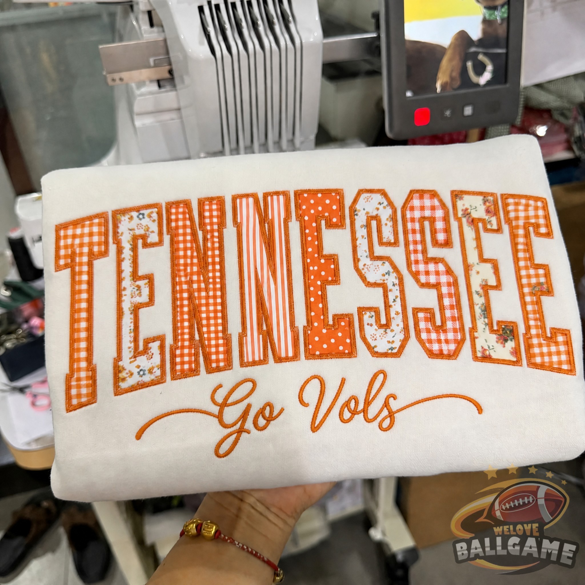 Custom Tennessee Patchwork Fabric Embroidered Sweatshirt Team and School Name Applique Varsity Letters