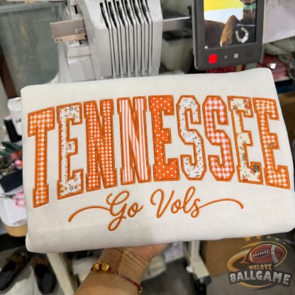Custom Tennessee Patchwork Fabric Embroidered Sweatshirt Team and School Name Applique Varsity Letters