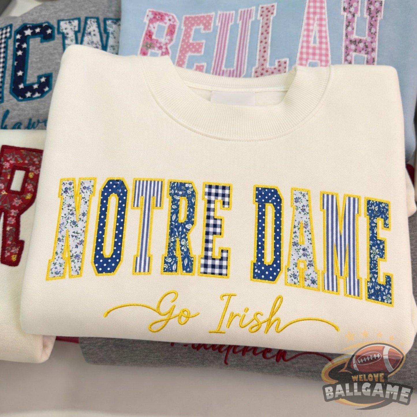 Custom Notre Dame Patchwork Fabric Embroidered Sweatshirt Team and School Name Applique Varsity Letters