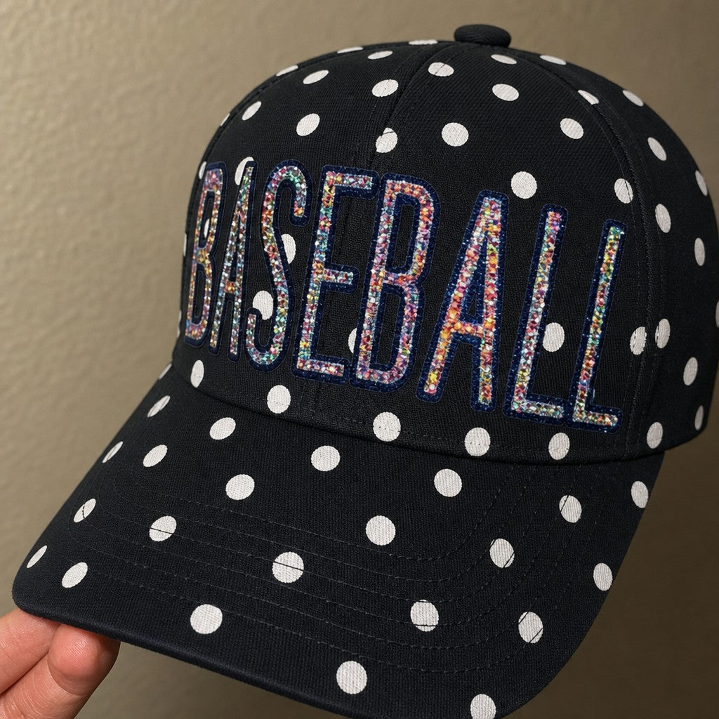 Custom Polka Dot Rhinestone Baseball Cap, Sparkly Glitter Sport Hat, Game Day Wear