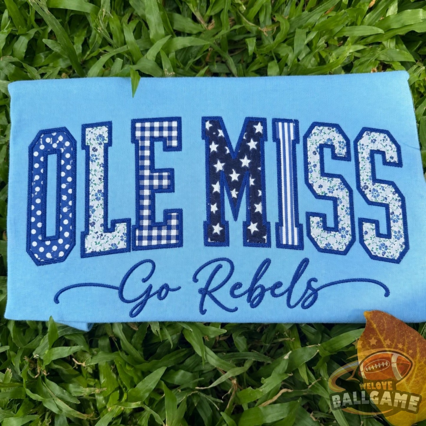 Custom Ole Miss Patchwork Fabric Embroidered Sweatshirt Team and School Name Applique Varsity Letters
