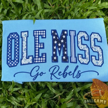 Custom Ole Miss Patchwork Fabric Embroidered Sweatshirt Team and School Name Applique Varsity Letters