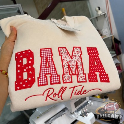 Custom Alabama Patchwork Fabric Embroidered Sweatshirt Team and School Name Applique Varsity Letters
