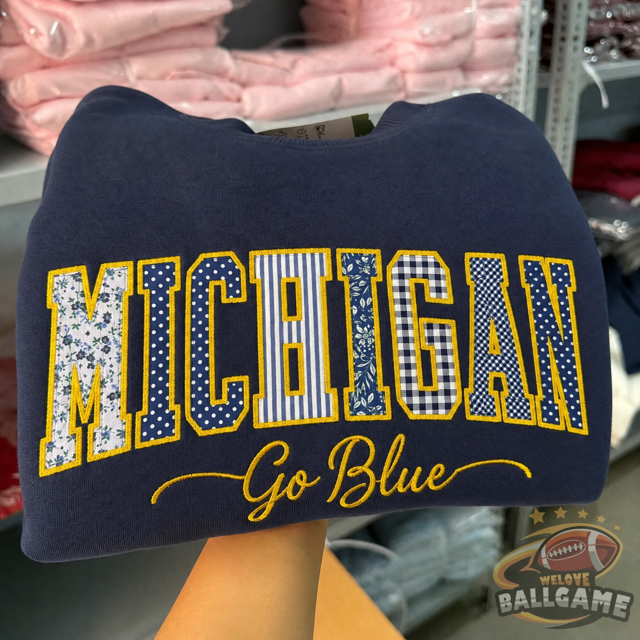 Custom Michigan Patchwork Fabric Embroidered Sweatshirt Team and School Name Applique Varsity Letters