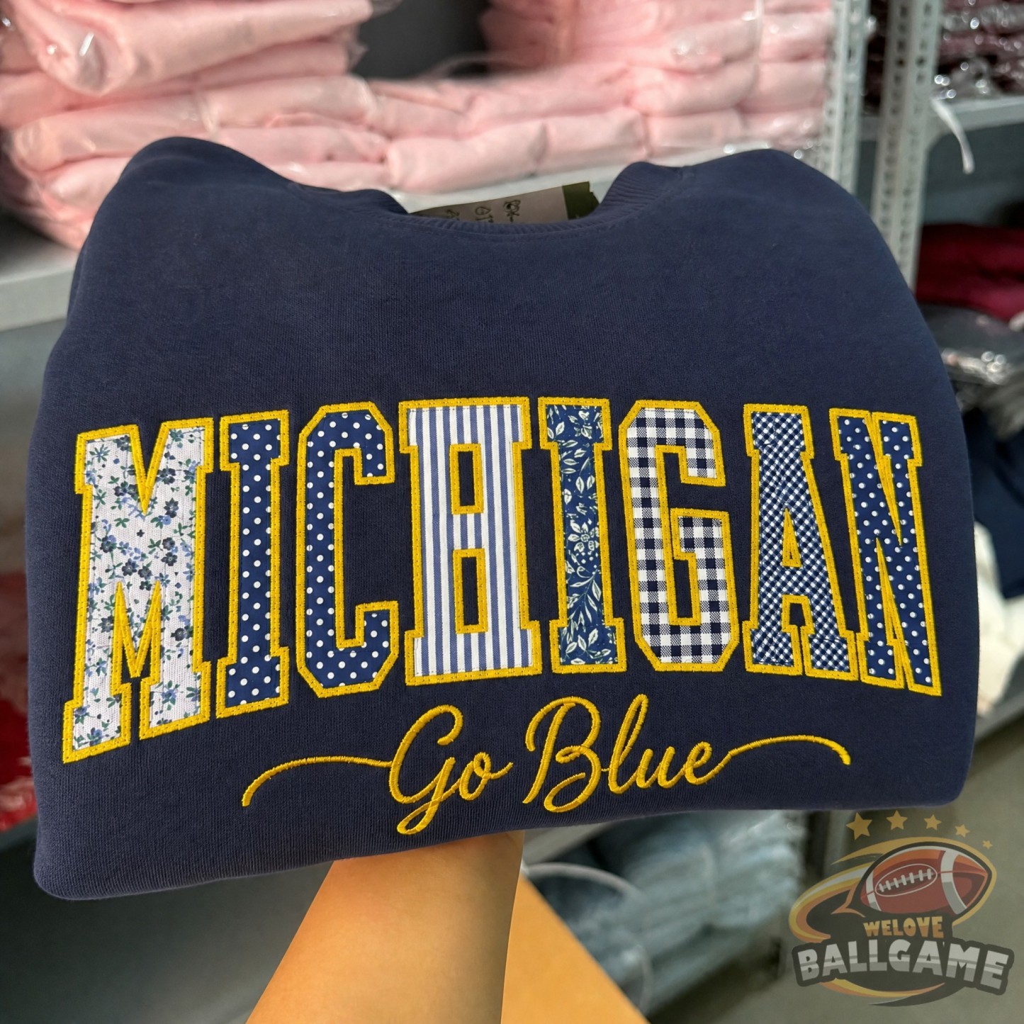 Custom Michigan Patchwork Fabric Embroidered Sweatshirt Team and School Name Applique Varsity Letters