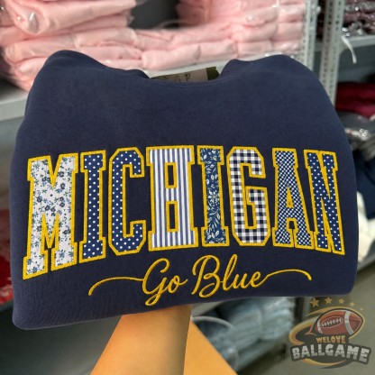 Custom Michigan Patchwork Fabric Embroidered Sweatshirt Team and School Name Applique Varsity Letters