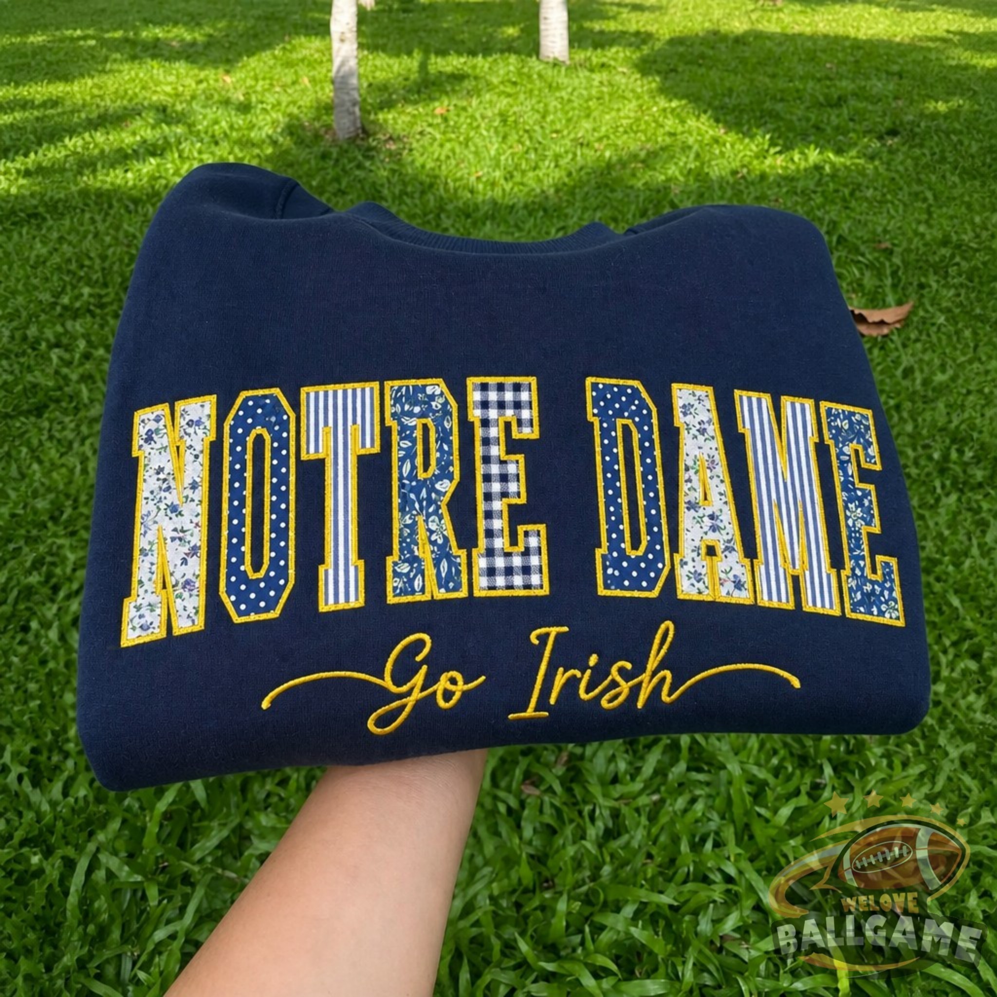 Custom Notre Dame Patchwork Fabric Embroidered Sweatshirt Team and School Name Applique Varsity Letters