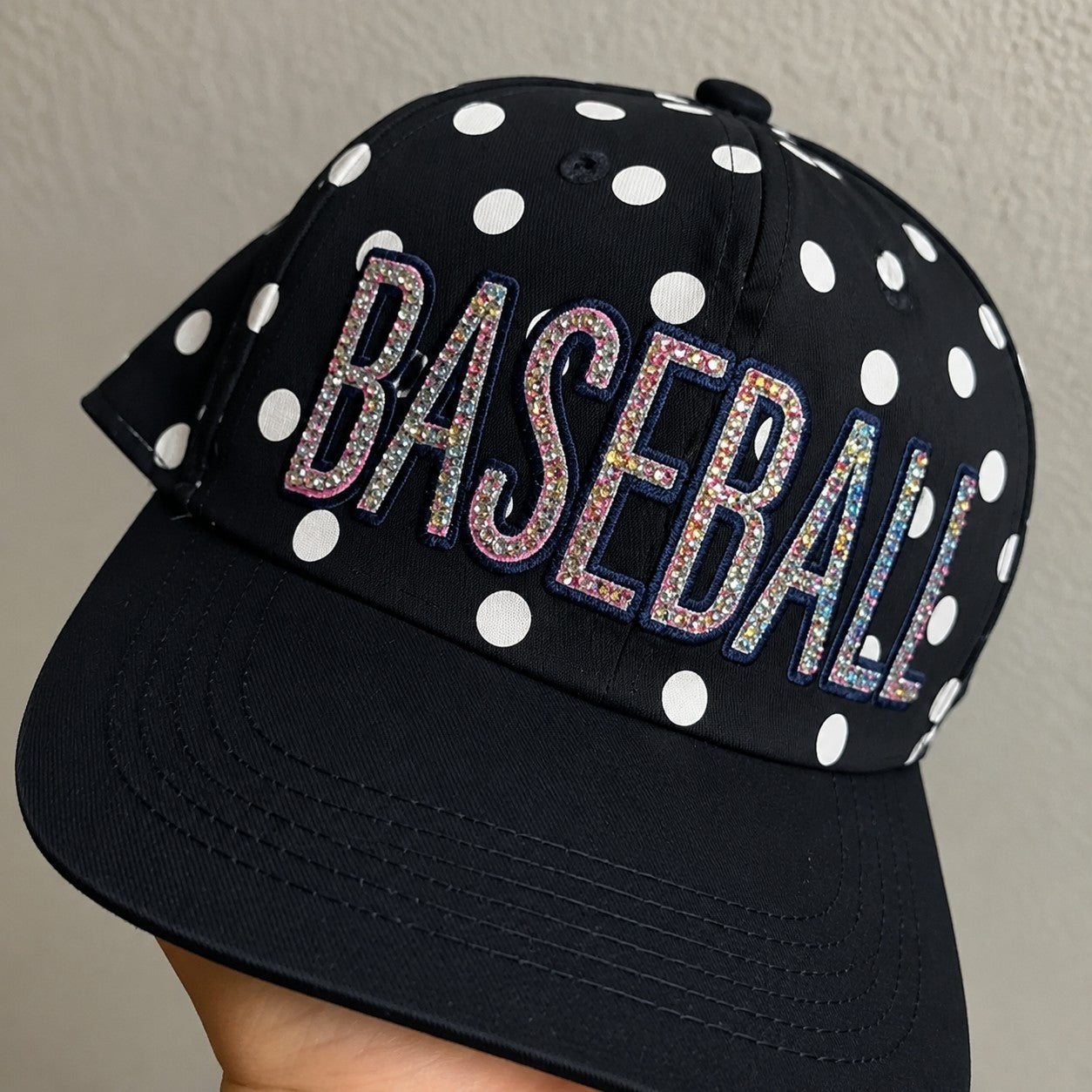 Custom Polka Dot Rhinestone Baseball Cap, Sparkly Glitter Sport Hat, Game Day Wear