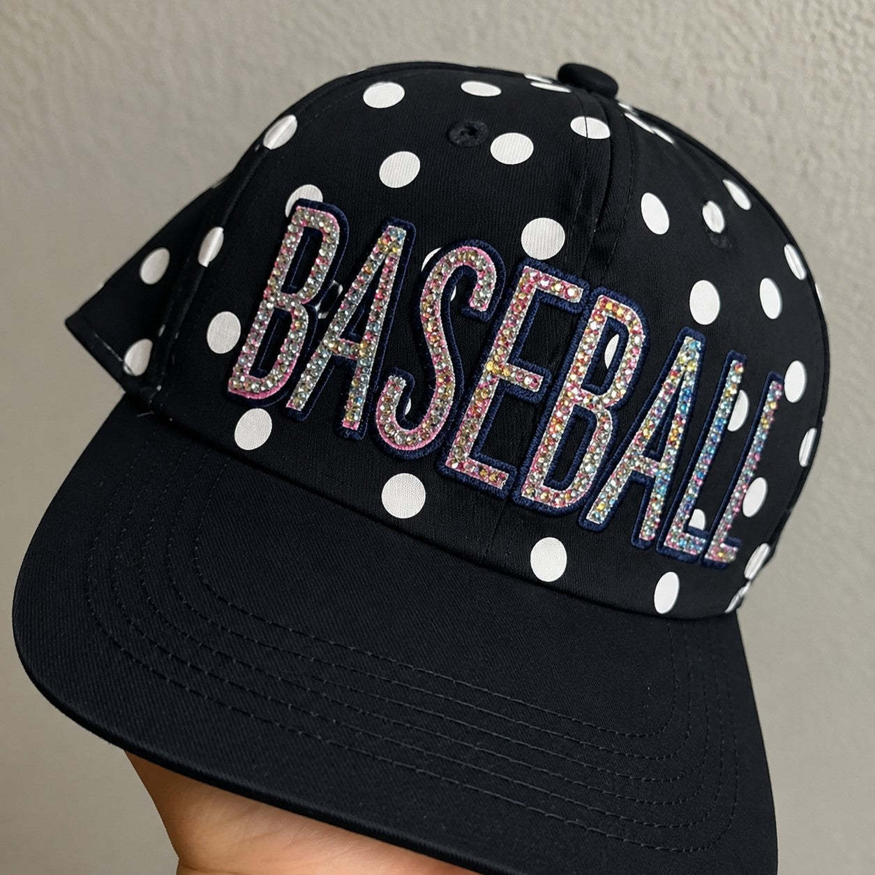 Custom Polka Dot Rhinestone Baseball Cap, Sparkly Glitter Sport Hat, Game Day Wear