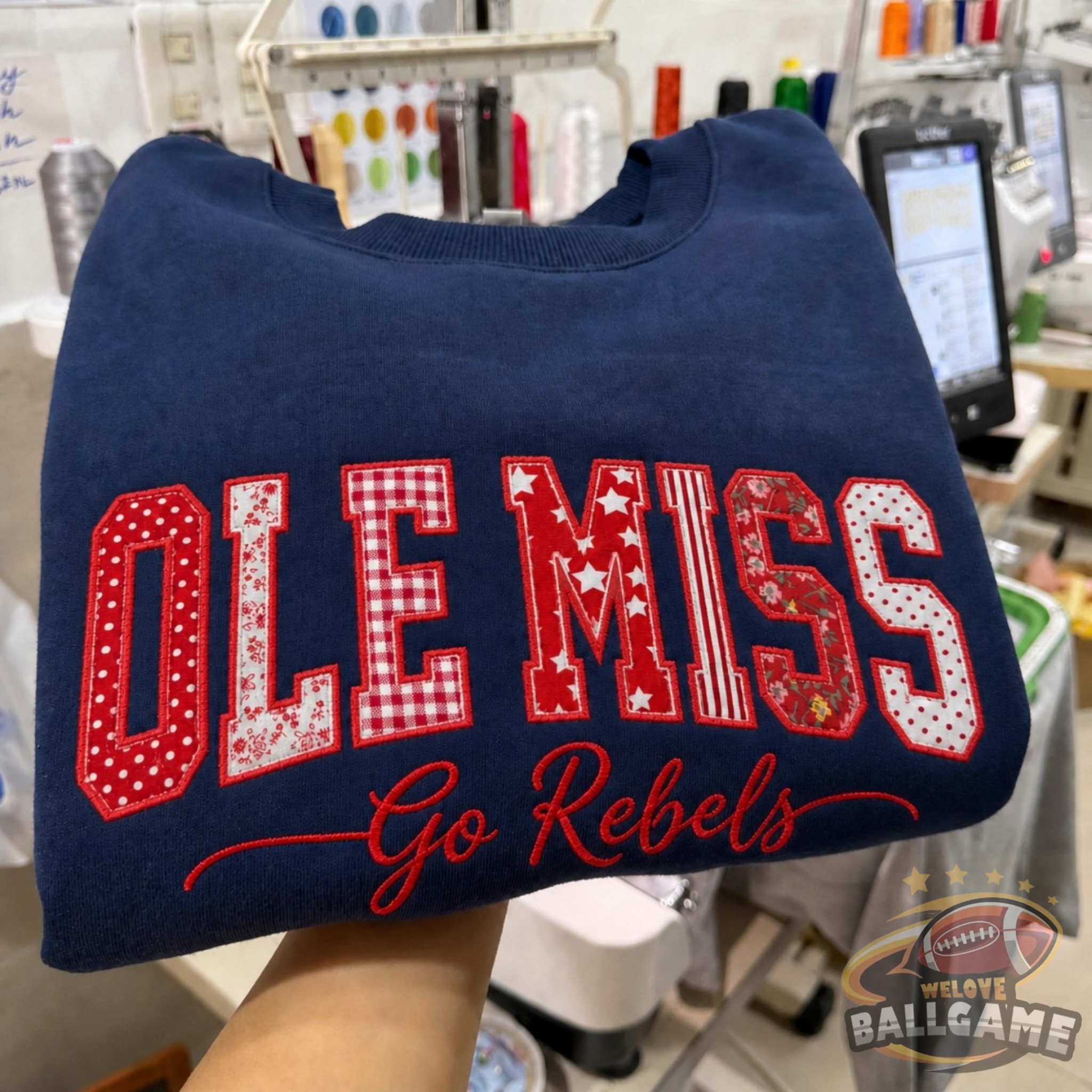 Custom Ole Miss Patchwork Fabric Embroidered Sweatshirt Team and School Name Applique Varsity Letters