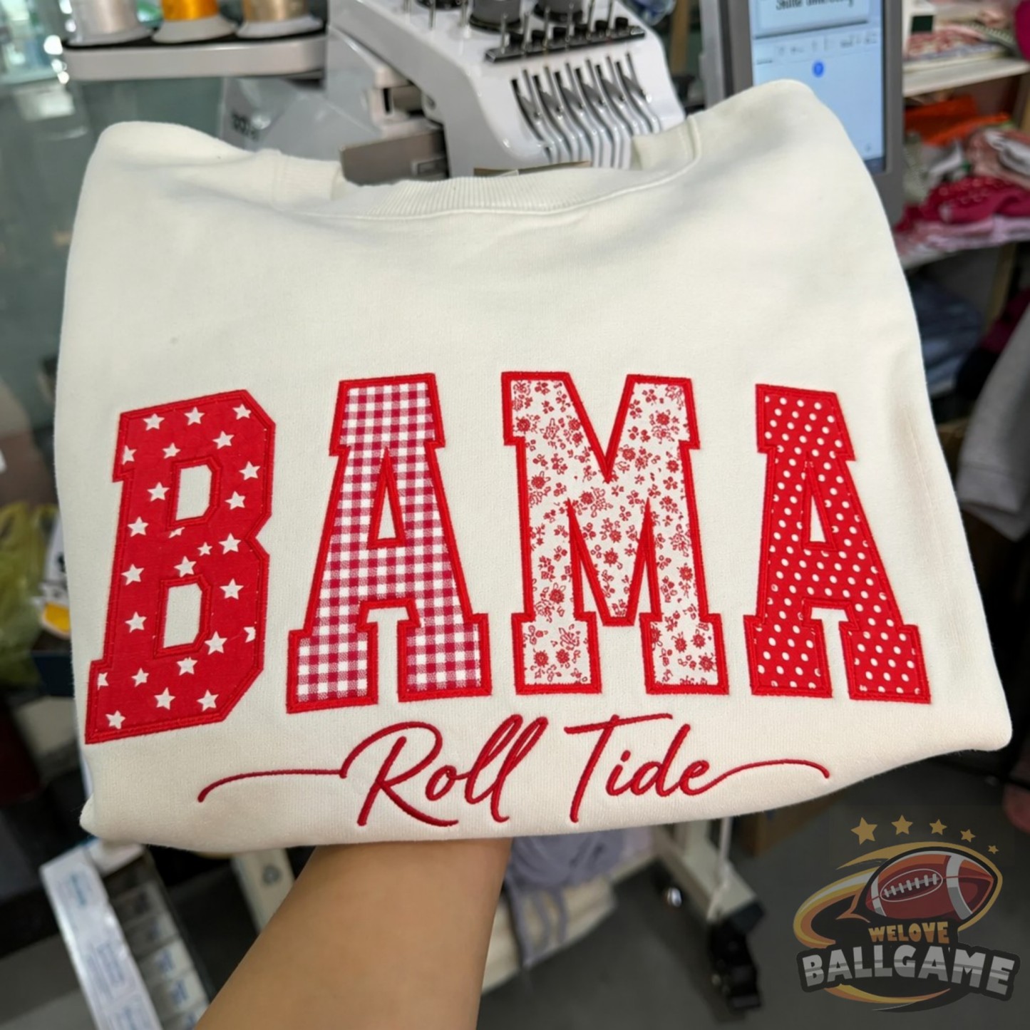 Custom Alabama Patchwork Fabric Embroidered Sweatshirt Team and School Name Applique Varsity Letters