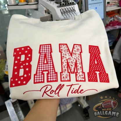 Custom Alabama Patchwork Fabric Embroidered Sweatshirt Team and School Name Applique Varsity Letters