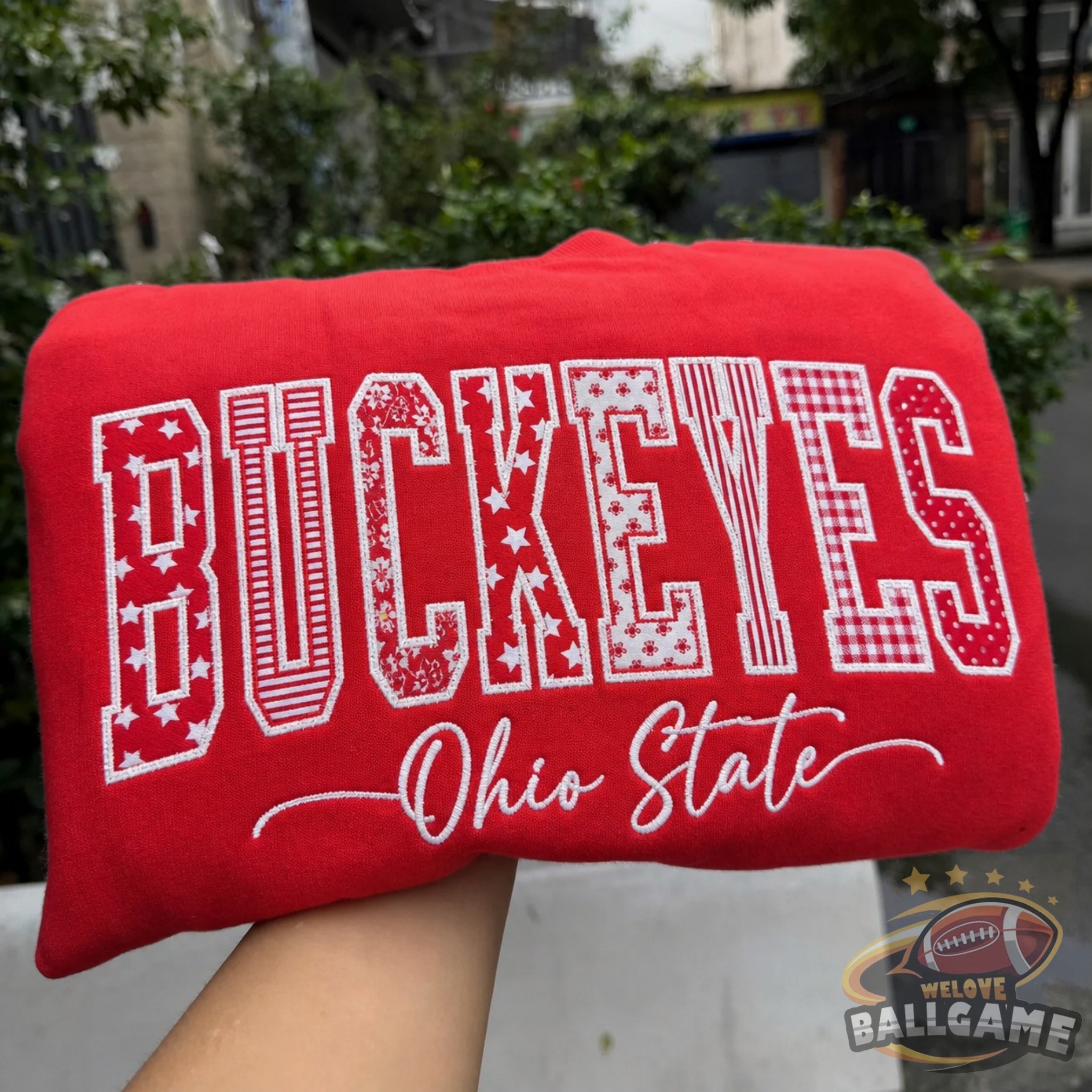 Custom Ohio Patchwork Fabric Embroidered Sweatshirt Team and School Name Applique Varsity Letters