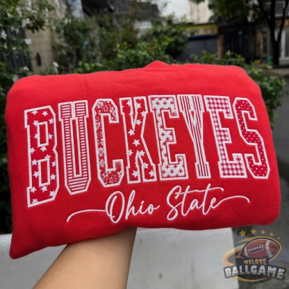 Custom Ohio Patchwork Fabric Embroidered Sweatshirt Team and School Name Applique Varsity Letters