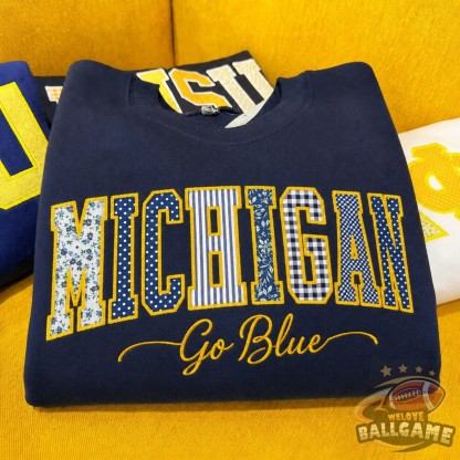 Custom Michigan Patchwork Fabric Embroidered Sweatshirt Team and School Name Applique Varsity Letters