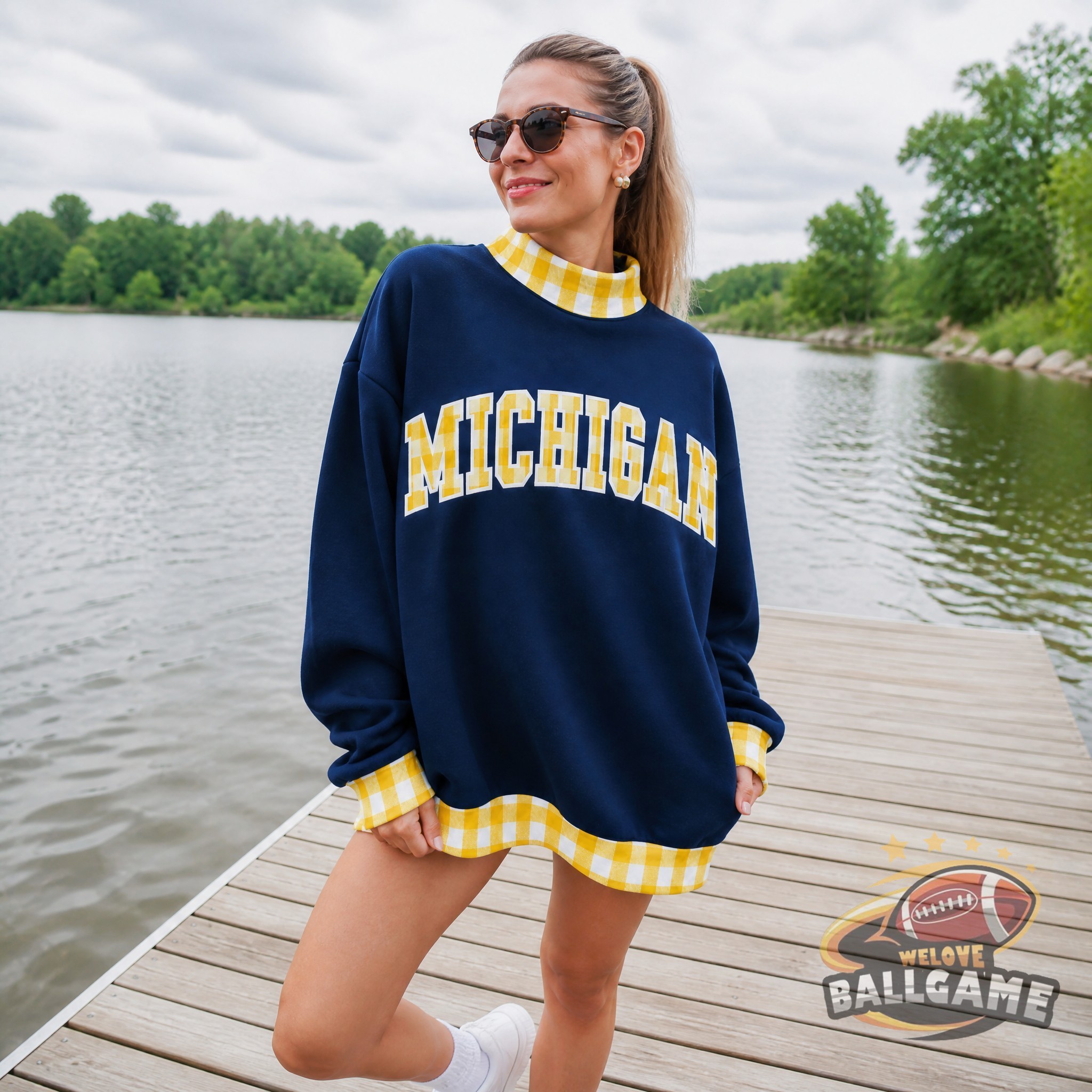 Custom Michigan Patchwork Fabric College Team Embroidered Mockneck