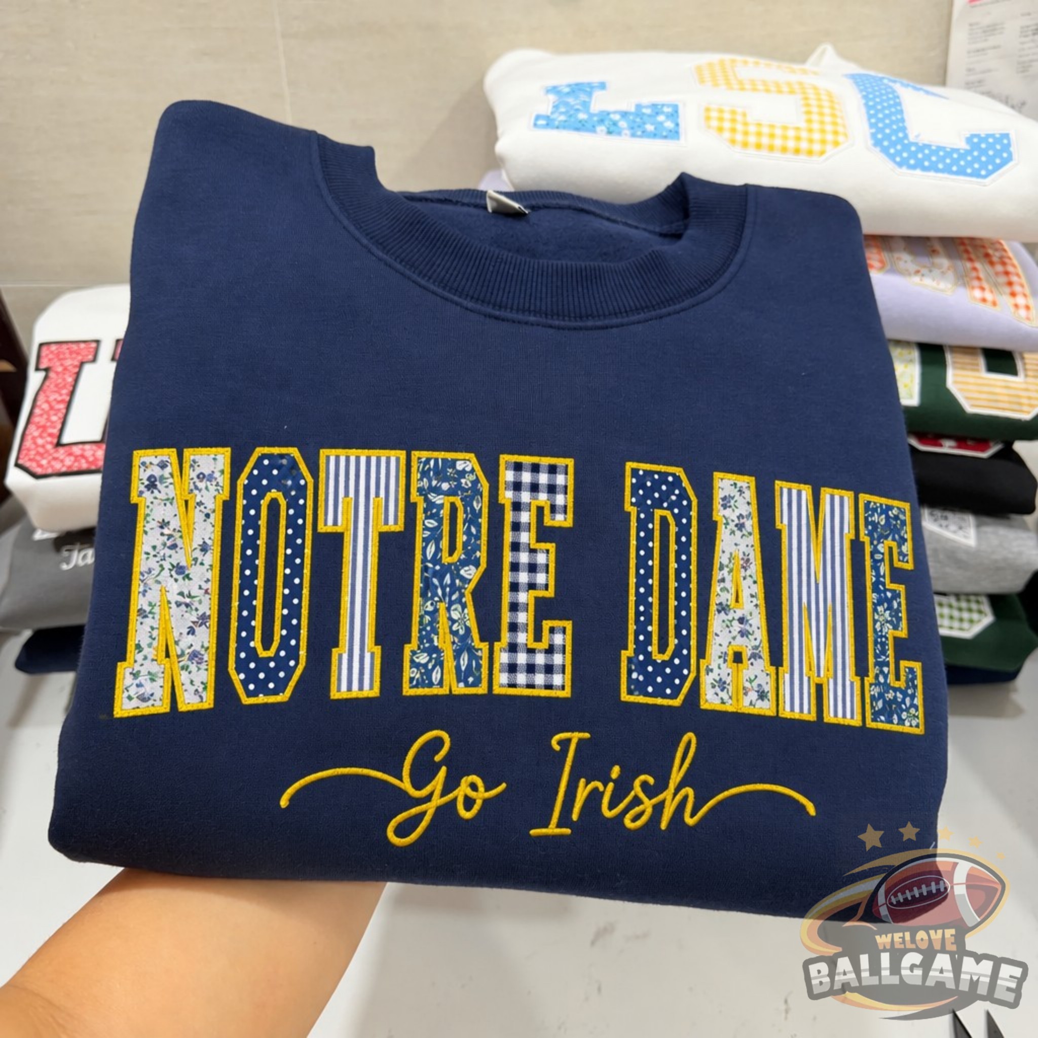 Custom Notre Dame Patchwork Fabric Embroidered Sweatshirt Team and School Name Applique Varsity Letters