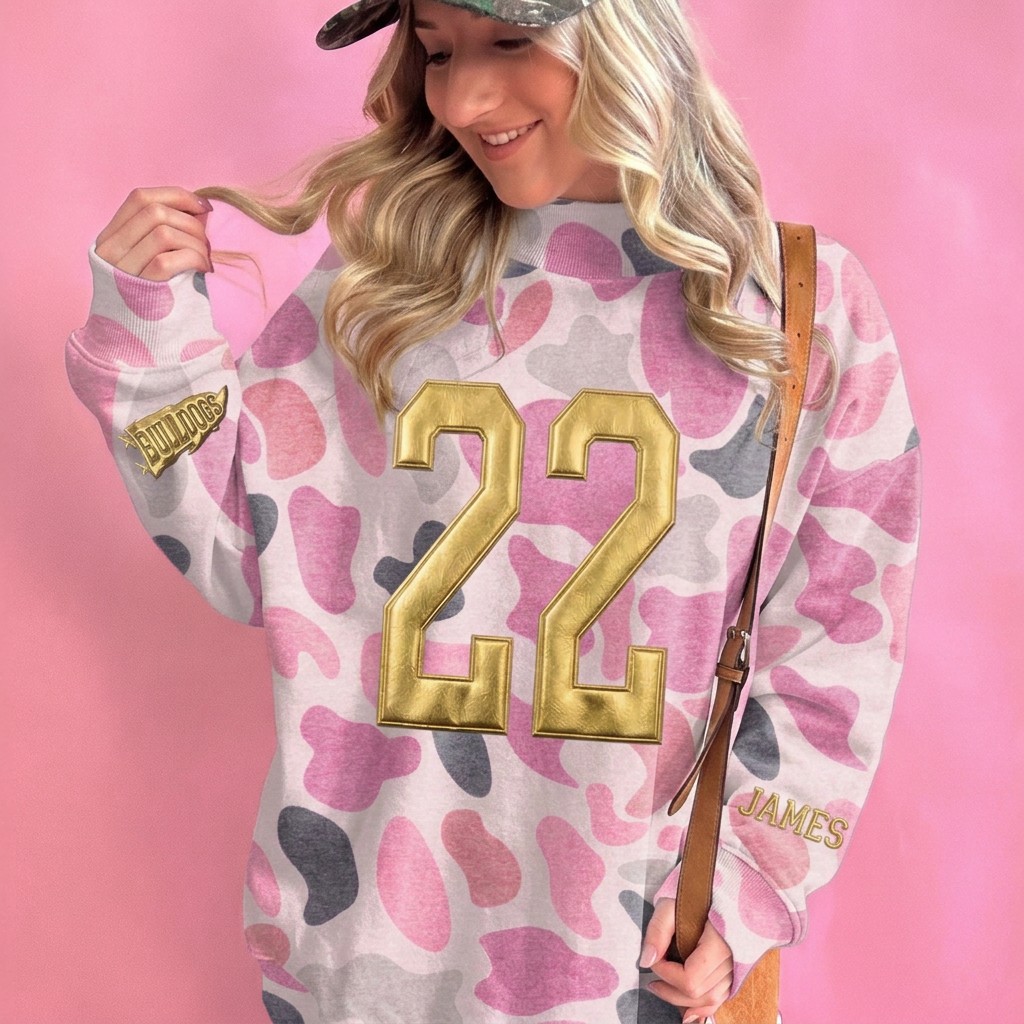 Custom Metallic Puff Number Camo Mock Neck Sweatshirt, Game Day Wear