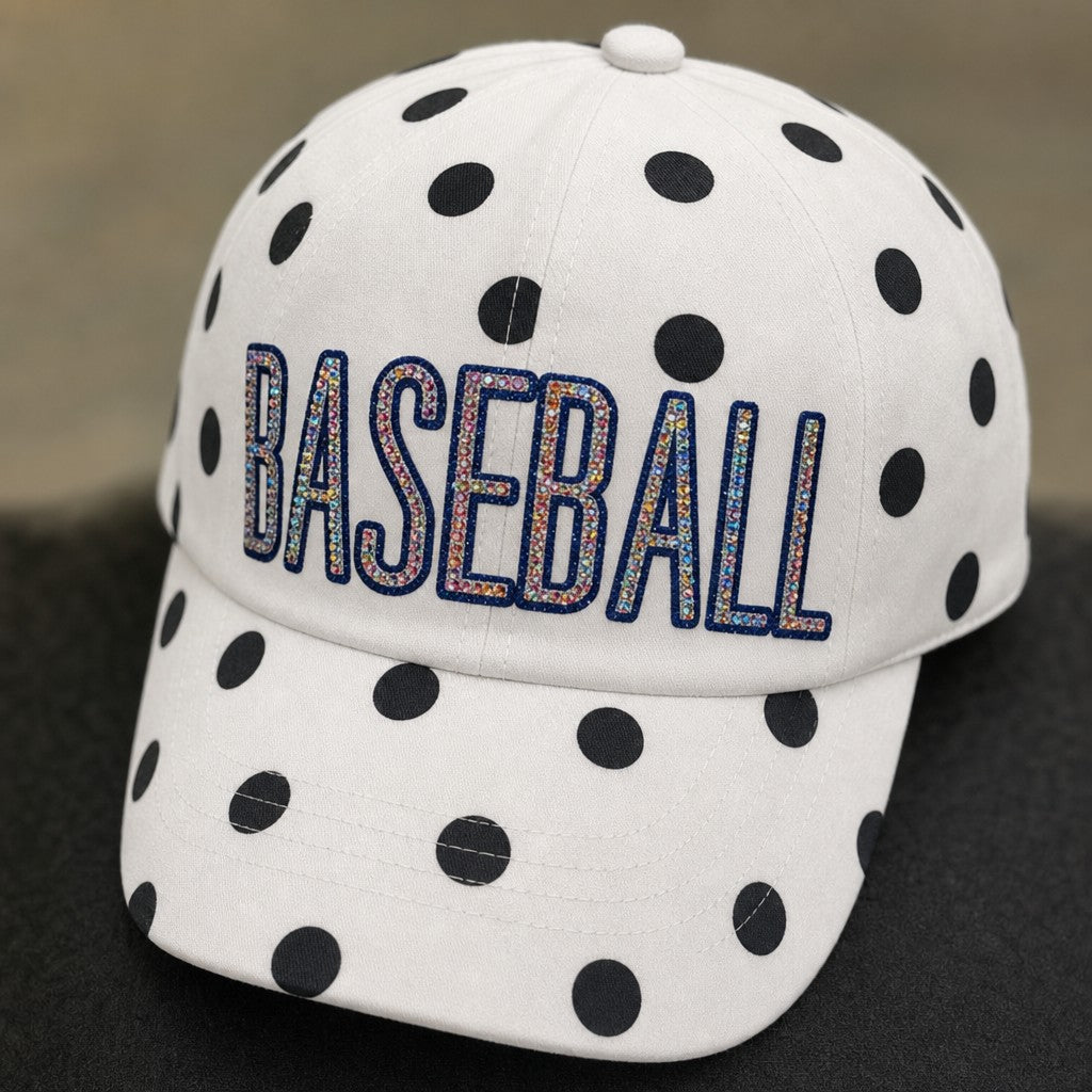Custom Polka Dot Rhinestone Baseball Cap, Sparkly Glitter Sport Hat, Game Day Wear