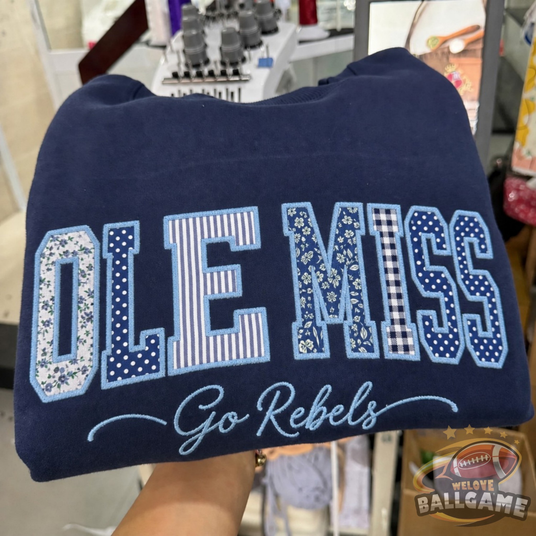 Custom Ole Miss Patchwork Fabric Embroidered Sweatshirt Team and School Name Applique Varsity Letters