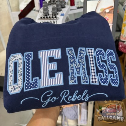 Custom Ole Miss Patchwork Fabric Embroidered Sweatshirt Team and School Name Applique Varsity Letters