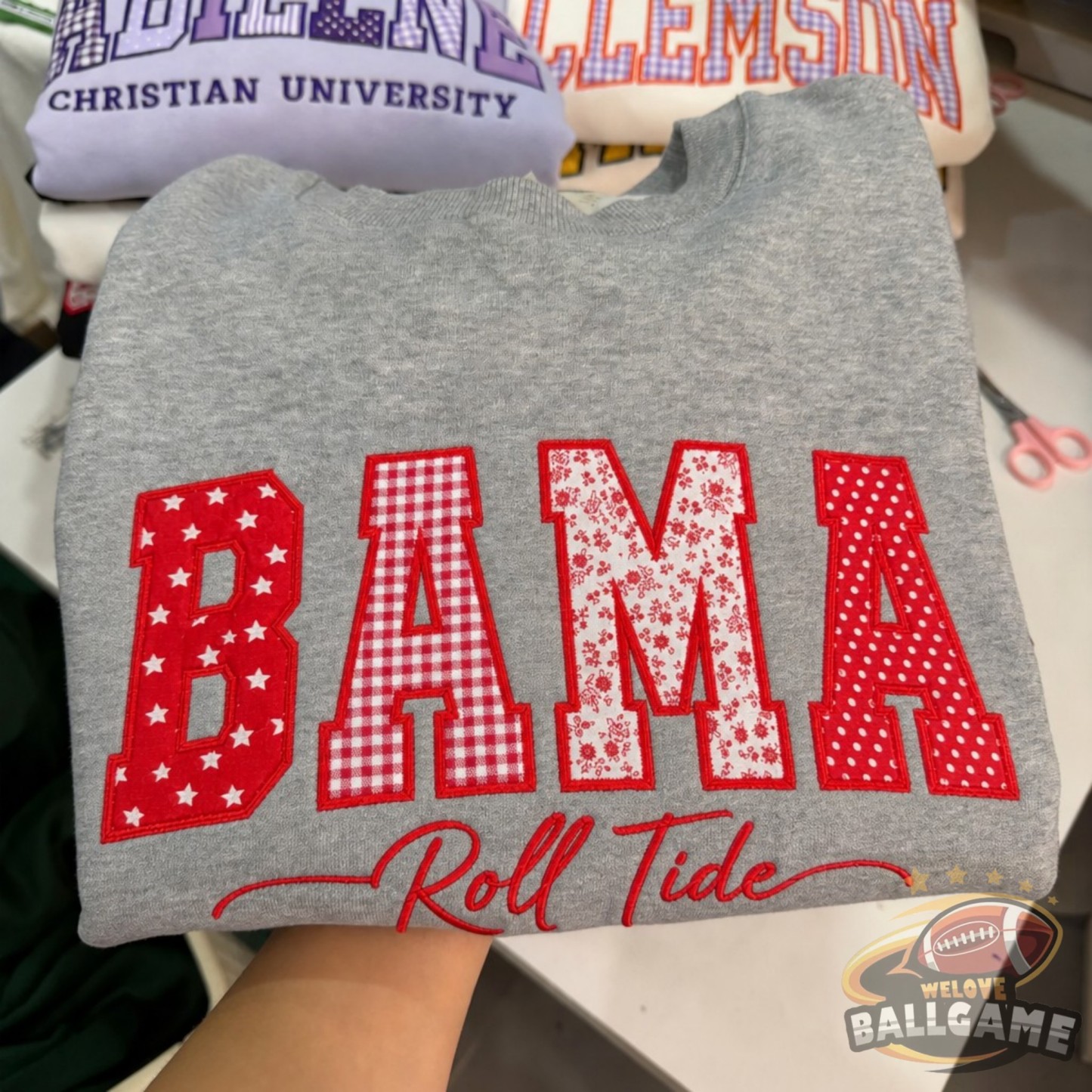 Custom Alabama Patchwork Fabric Embroidered Sweatshirt Team and School Name Applique Varsity Letters