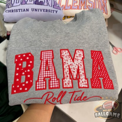Custom Alabama Patchwork Fabric Embroidered Sweatshirt Team and School Name Applique Varsity Letters