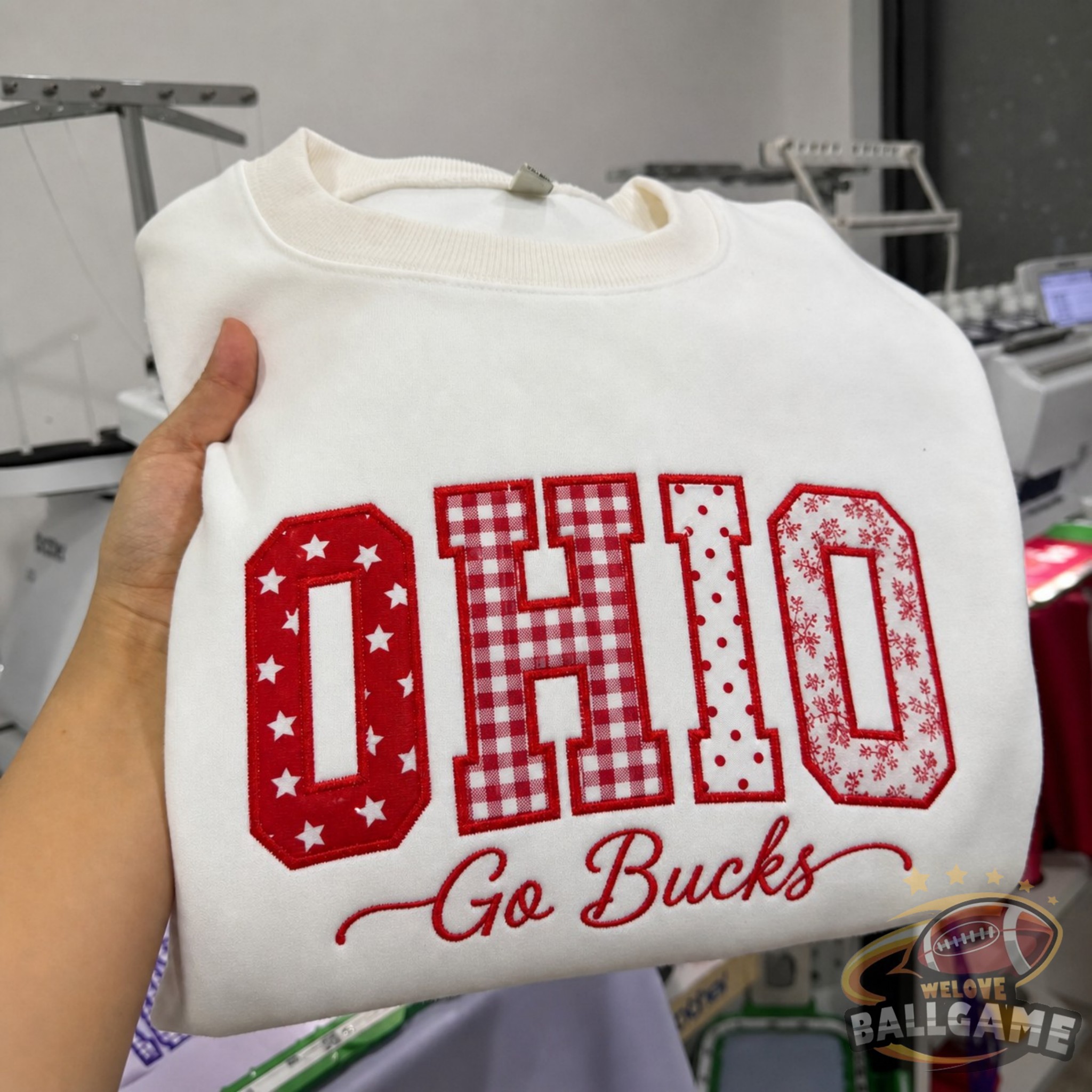 Custom Ohio Patchwork Fabric Embroidered Sweatshirt Team and School Name Applique Varsity Letters