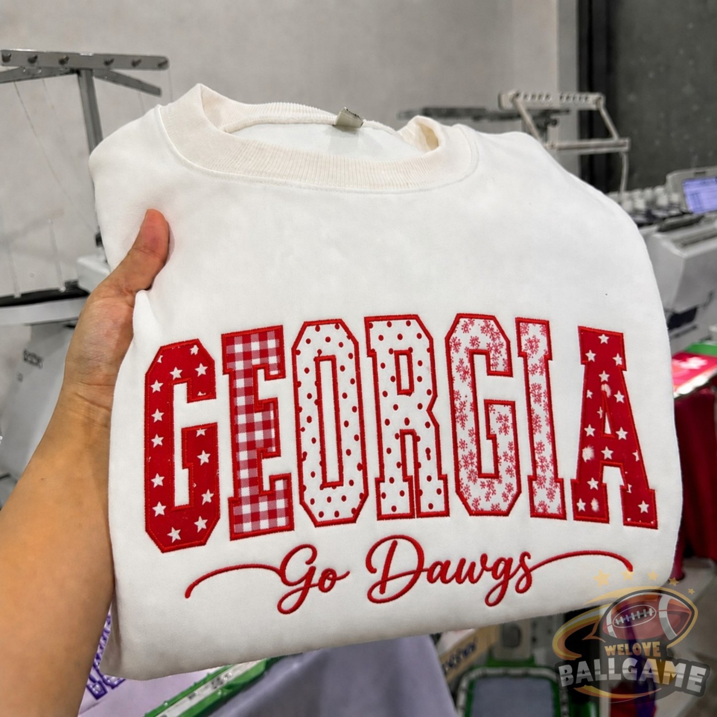 Custom Georgia Patchwork Fabric Embroidered Sweatshirt Team and School Name Applique Varsity Letters