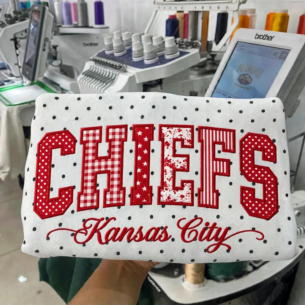 Custom Patchwork Fabric Embroidered Polka Dot Sweatshirt Team and School Name Applique Varsity Letters