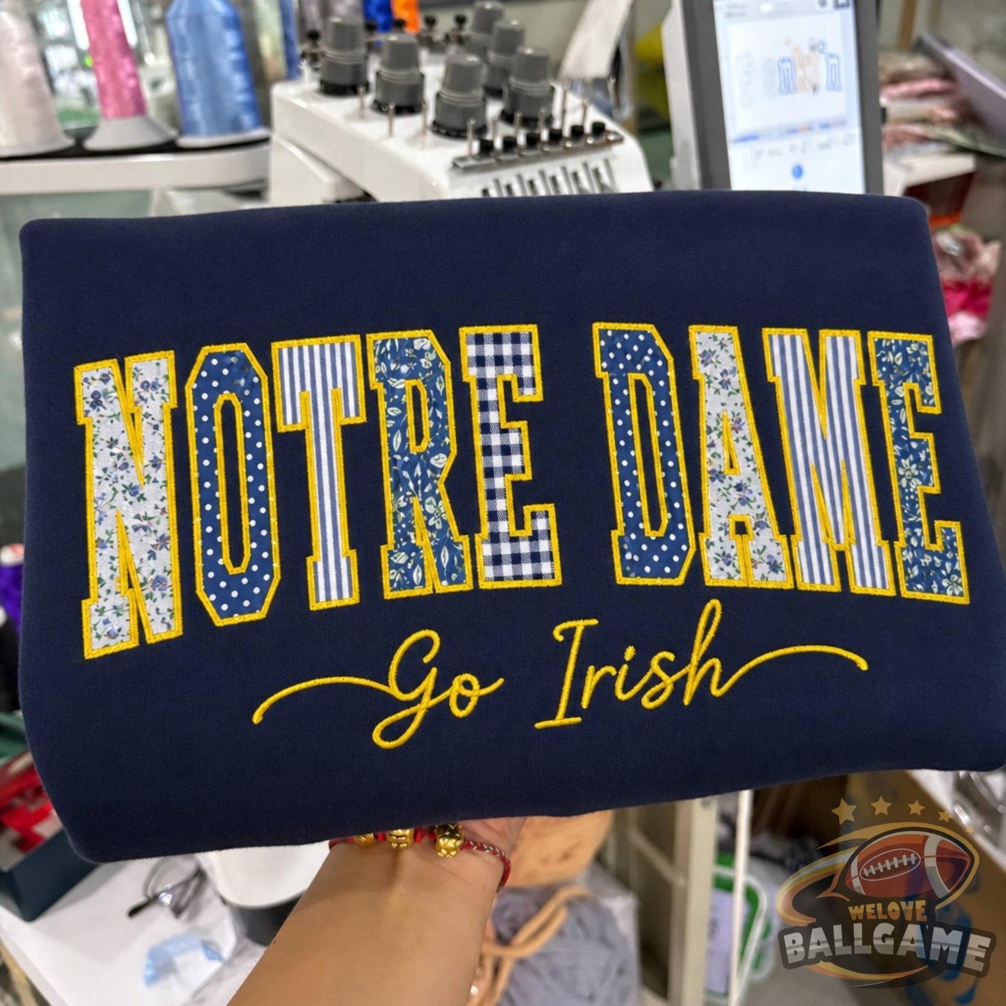 Custom Notre Dame Patchwork Fabric Embroidered Sweatshirt Team and School Name Applique Varsity Letters