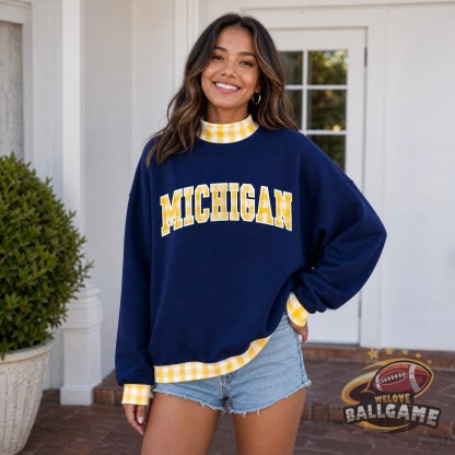 Custom Michigan Patchwork Fabric College Team Embroidered Mockneck