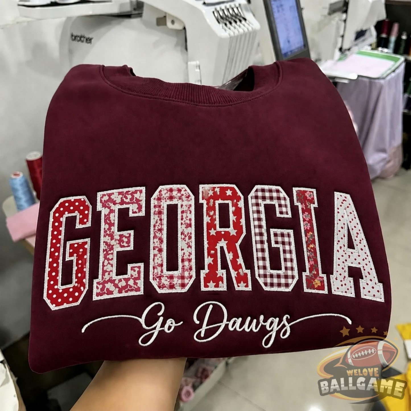 Custom Georgia Patchwork Fabric Embroidered Sweatshirt Team and School Name Applique Varsity Letters