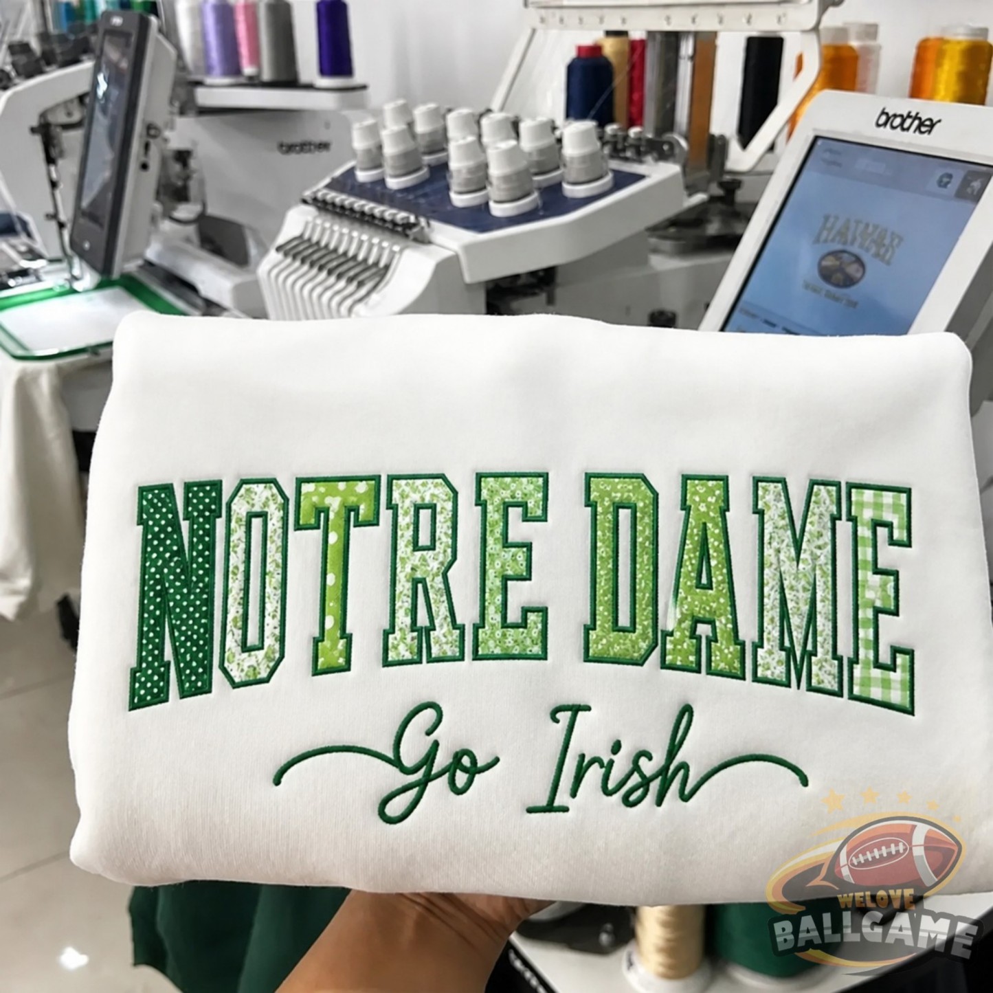 Custom Notre Dame Patchwork Fabric Embroidered Sweatshirt Team and School Name Applique Varsity Letters