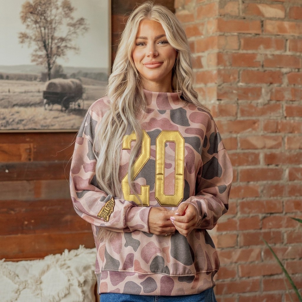 Custom Metallic Puff Number Camo Mock Neck Sweatshirt, Game Day Wear