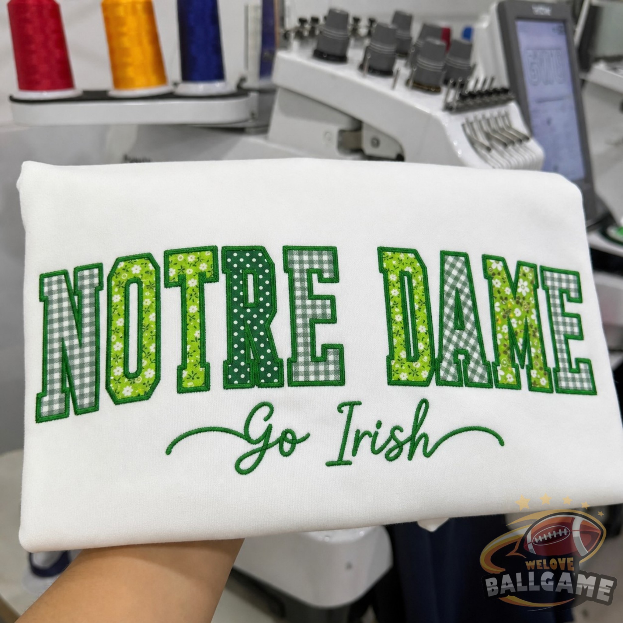 Custom Notre Dame Patchwork Fabric Embroidered Sweatshirt Team and School Name Applique Varsity Letters