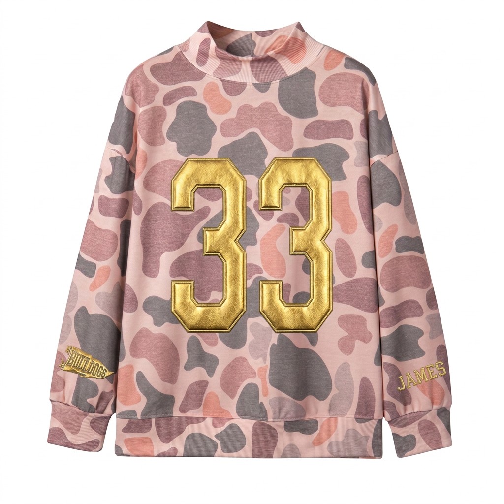 Custom Metallic Puff Number Camo Mock Neck Sweatshirt, Game Day Wear